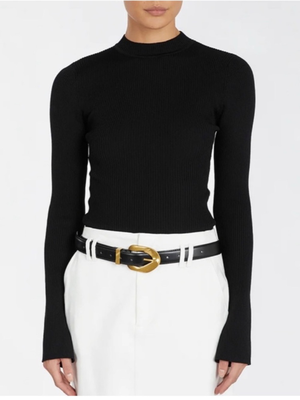 Dissh Donna Black Mockneck Rib Knit Long Bell Sleeve Slit Cuff Blouse Top Sz XL